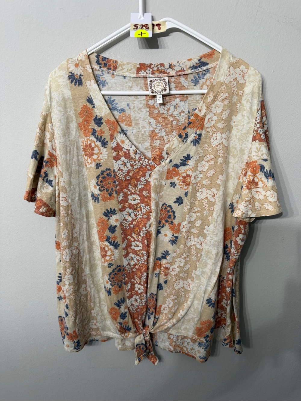 Women’s Tru Self J 3X Floral Patchwork V Neck Tie Front Boho Top